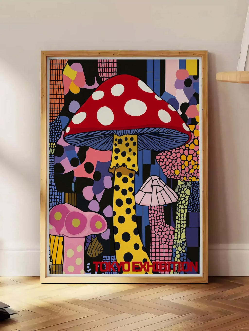 Estampe affiche champignon pop de Kusama art japonais, posee au sol dans un coin salon, sur un parquet a chevrons, pres d'une table d'appoint en chene chargee de livres