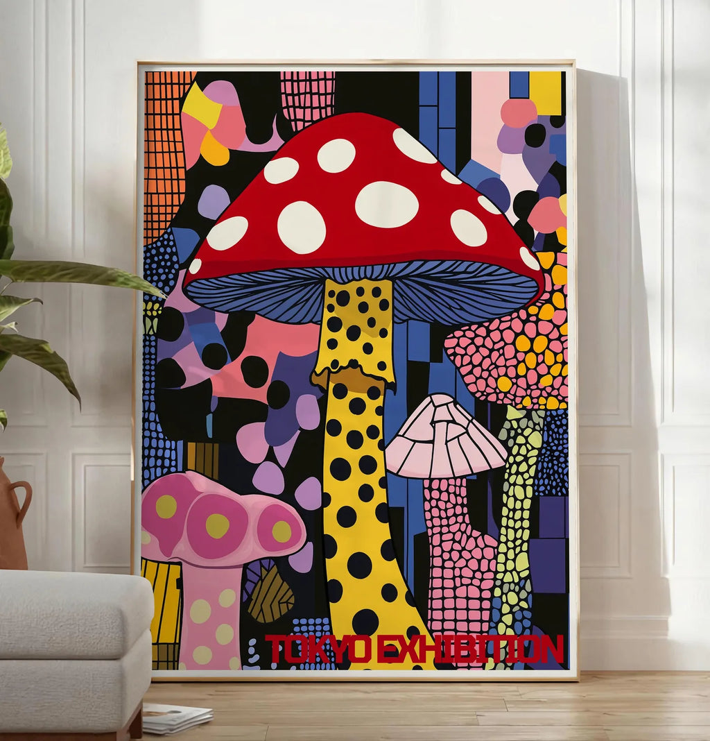 Reproduction affiche champignon pop de Kusama art japonais, posee au sol dans un salon minimaliste clair, a cote d'un canape beige et d'une plante verte, sur un parquet clair