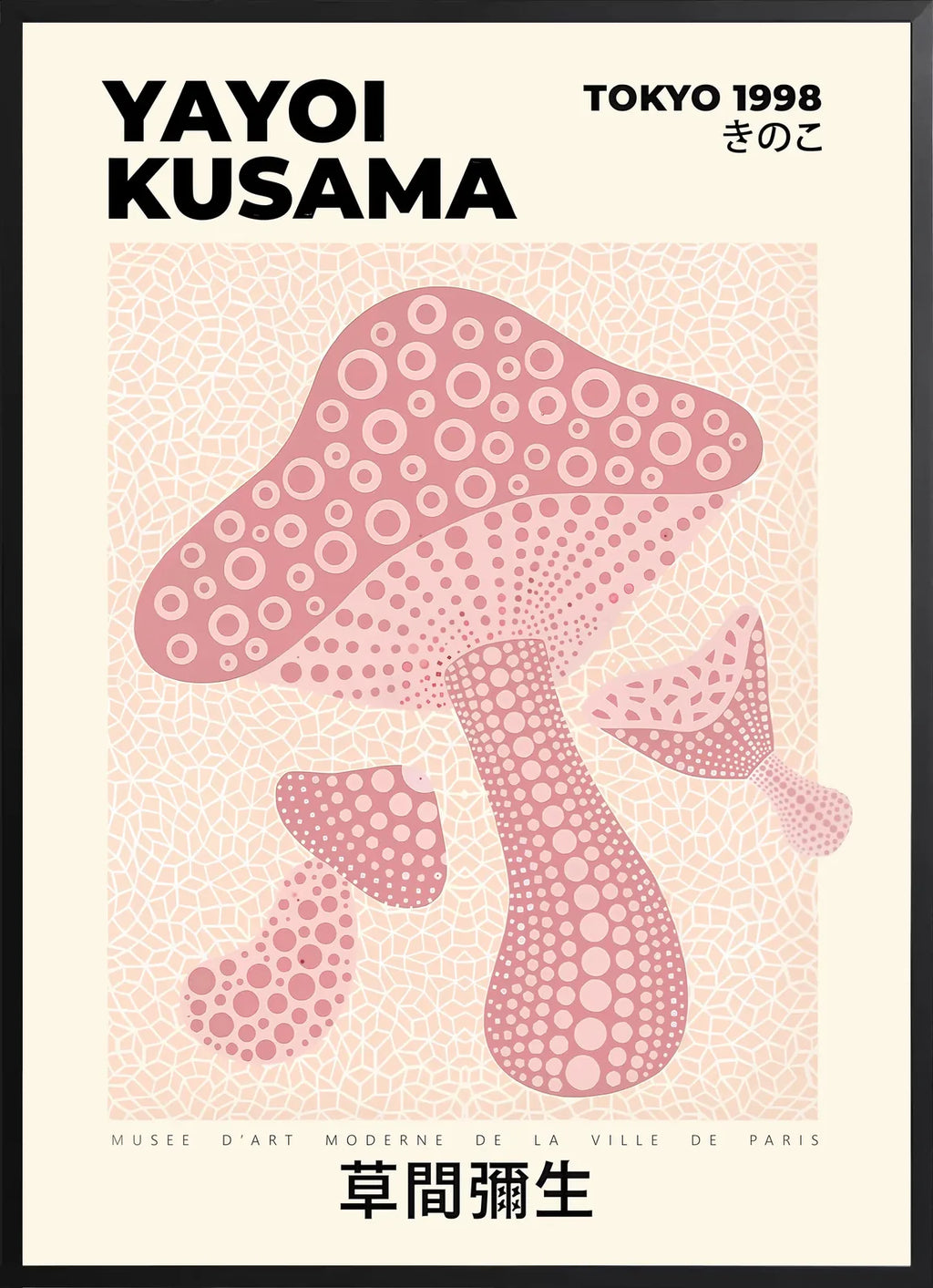 Encadrement noir mat autour de champignon rose de Kusama