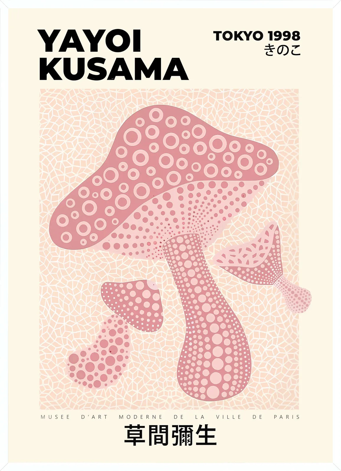 Cadre blanc epure presentant l'affiche champignon rose de Kusama