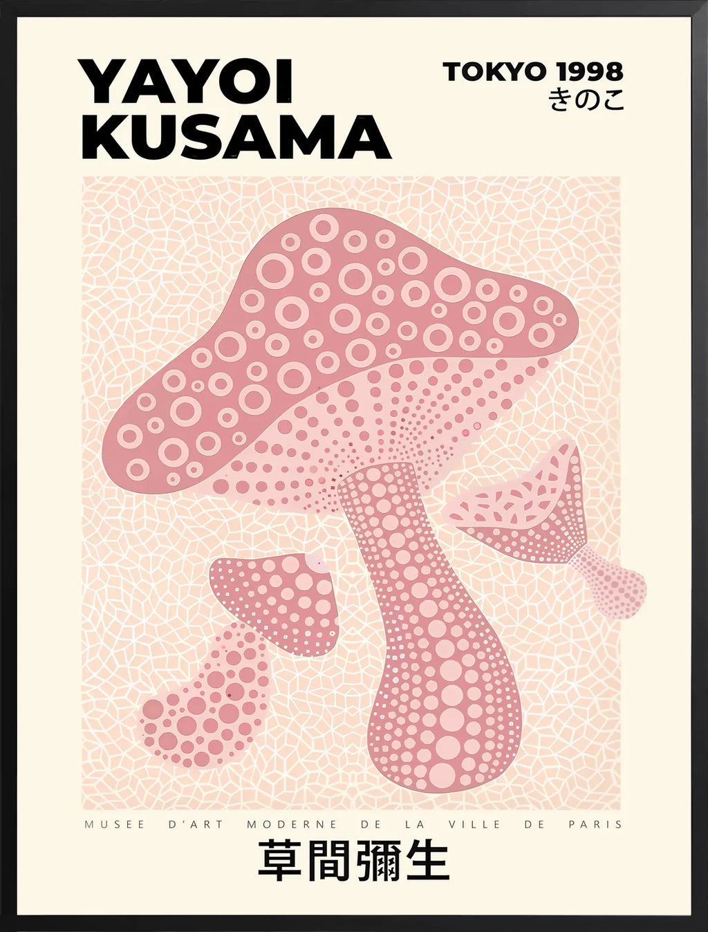 Encadrement noir mat autour de champignon rose de Kusama