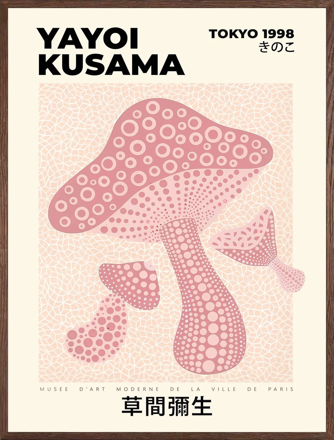Cadre chene clair entourant l'affiche champignon rose de Kusama