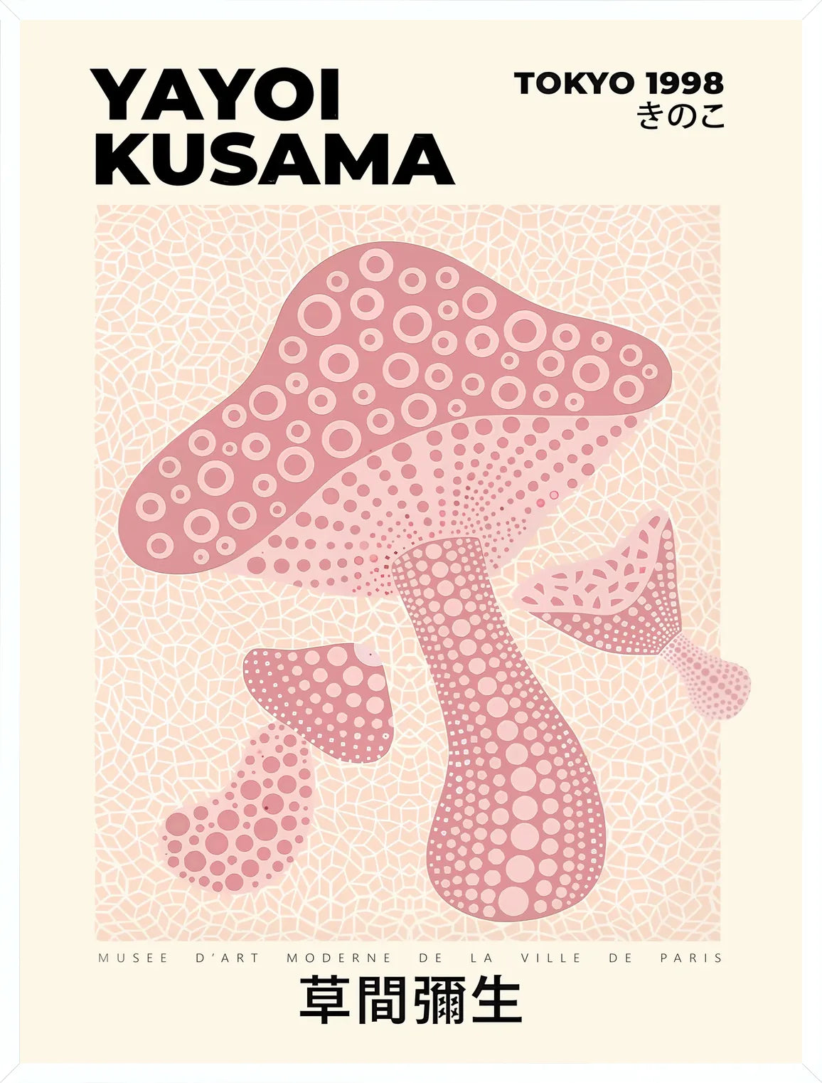 Cadre blanc epure presentant l'affiche champignon rose de Kusama