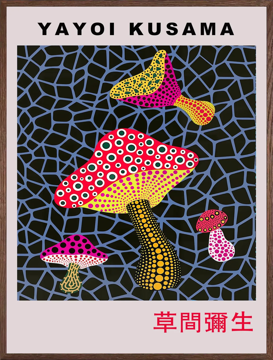 Cadre chene clair entourant l'affiche champignons a pois de Kusama