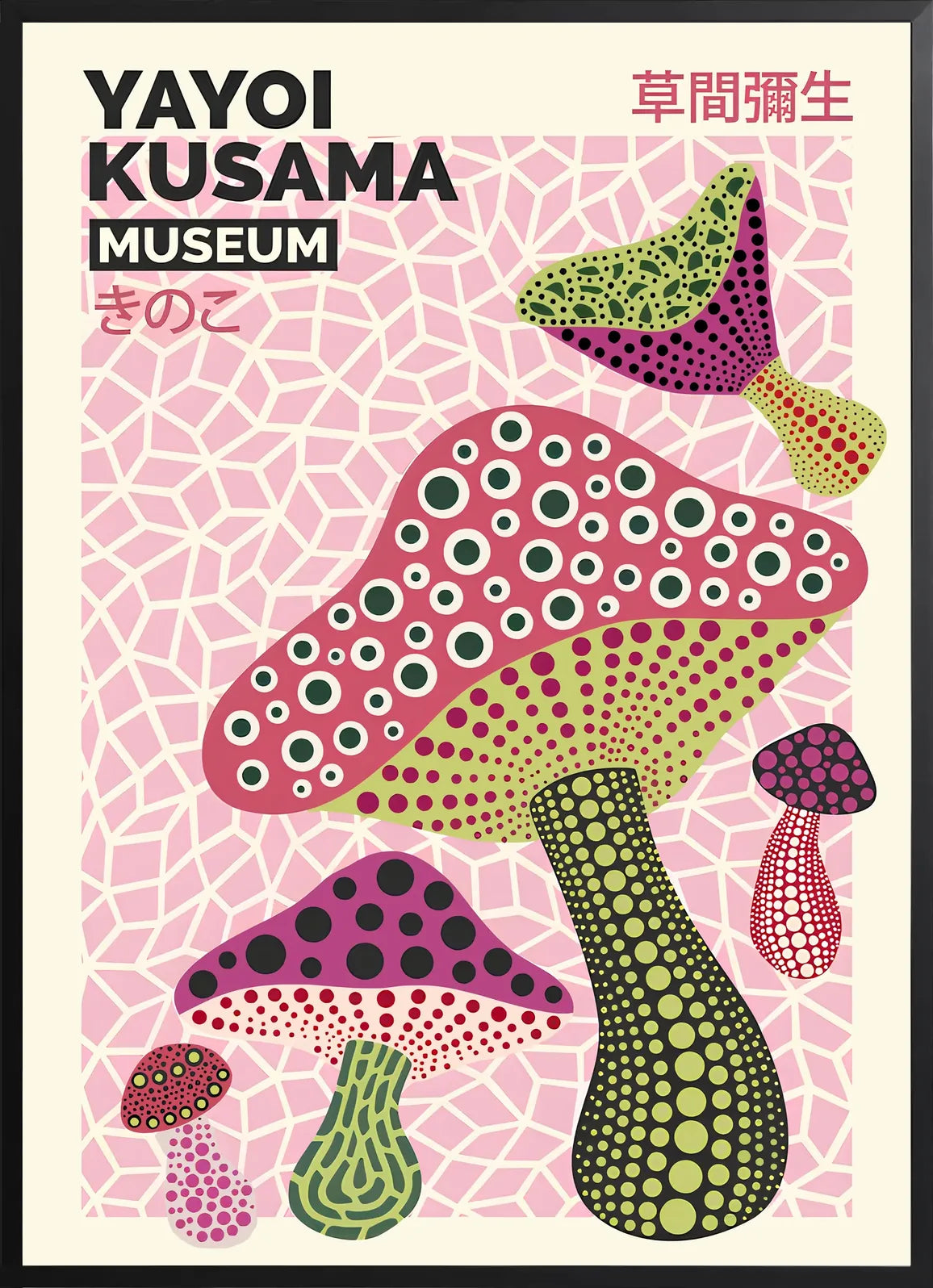 Encadrement noir mat autour de champignons multicolores de Kusama