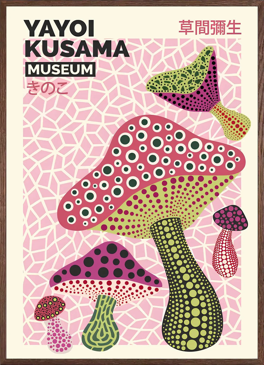 Cadre chene clair entourant l'affiche champignons multicolores de Kusama