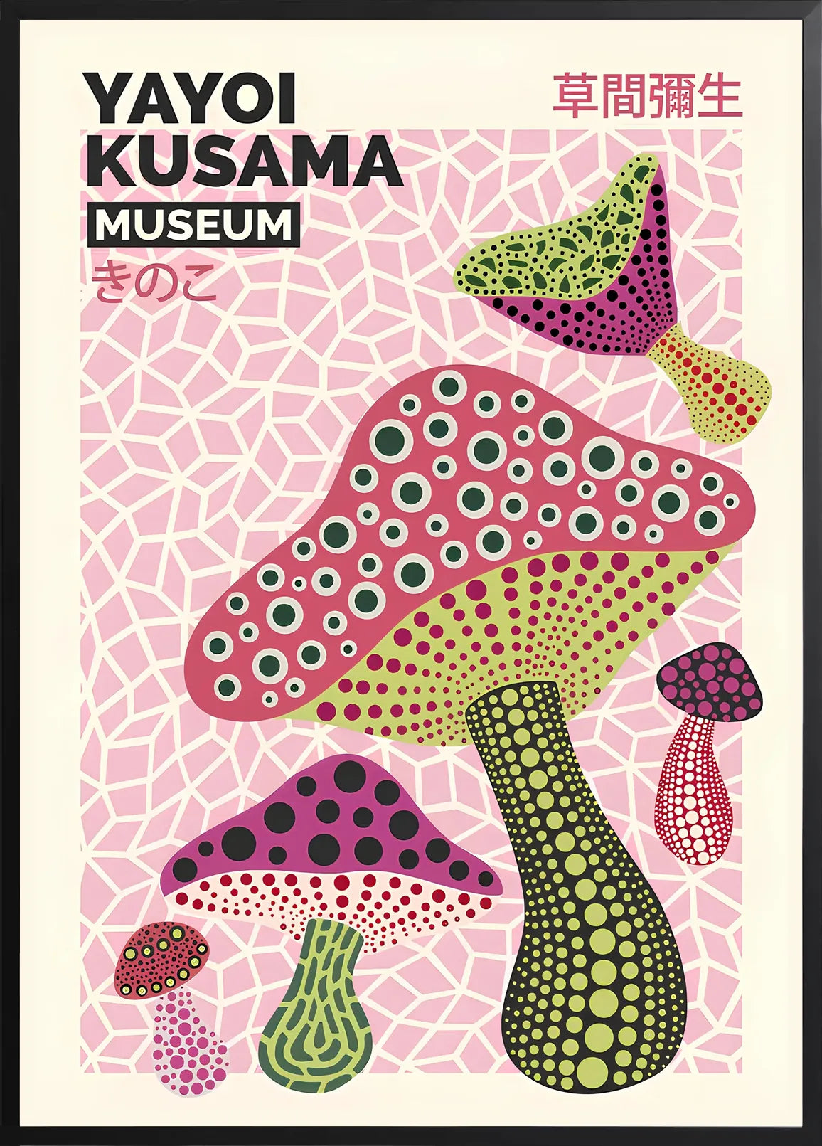 Encadrement noir mat autour de champignons magenta de Kusama