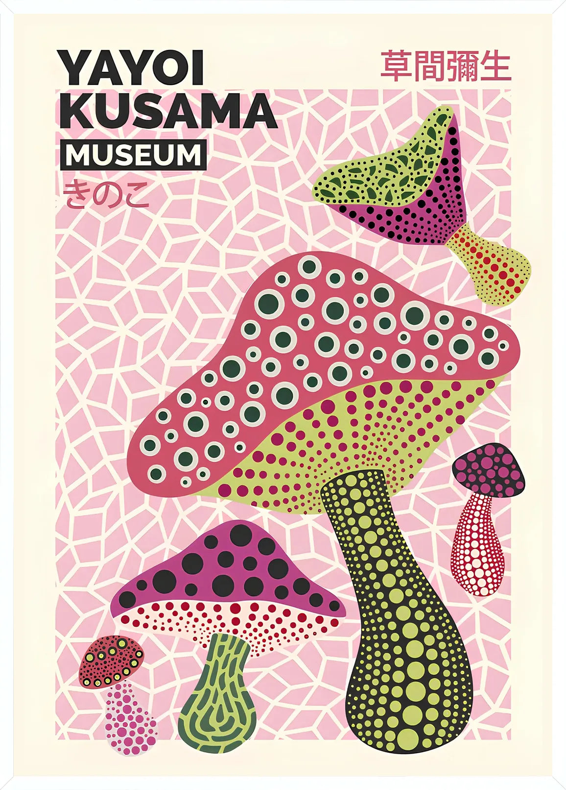 Cadre blanc epure presentant l'affiche champignons magenta de Kusama
