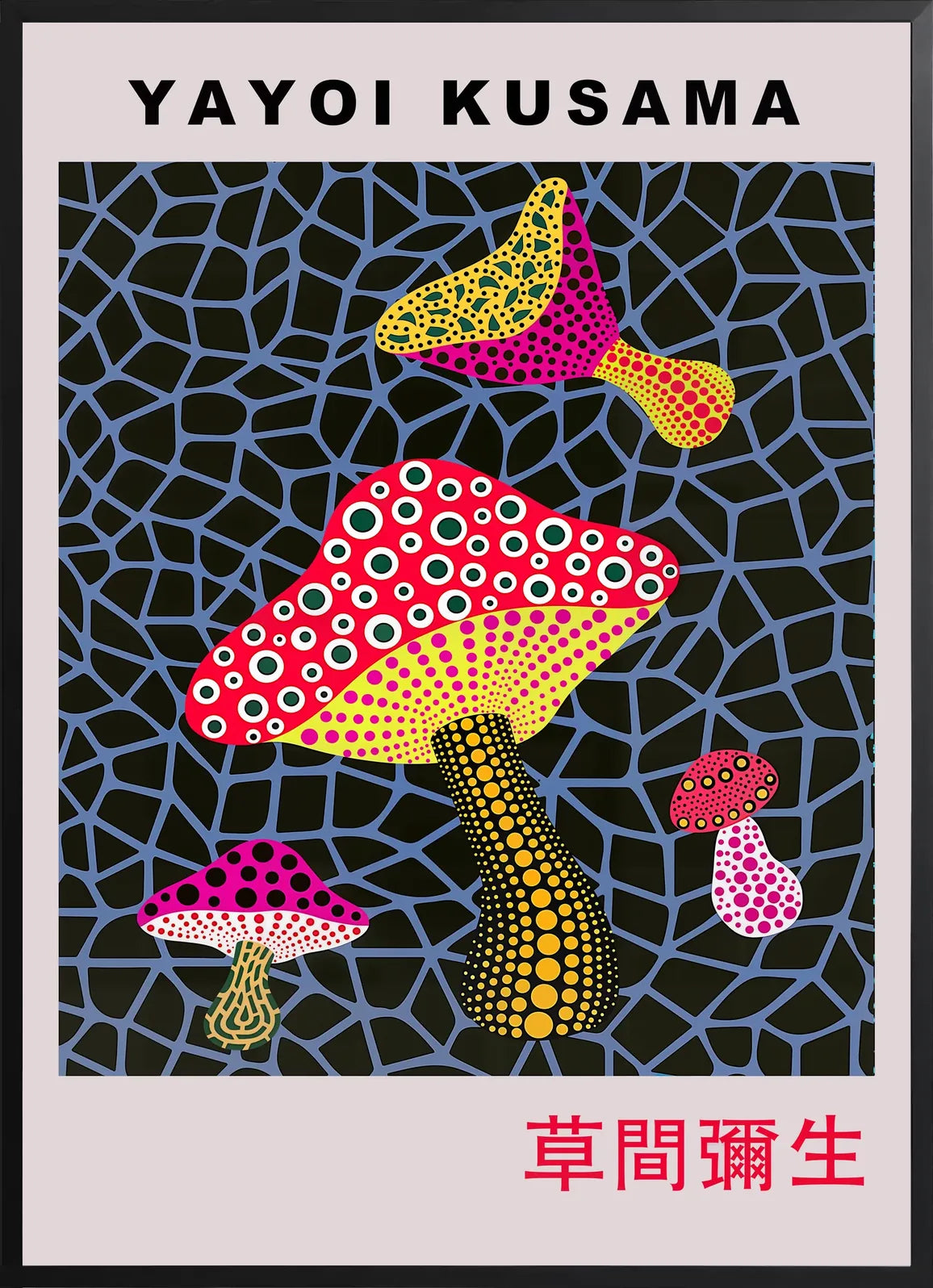 Encadrement noir mat autour de champignons rouge de Kusama