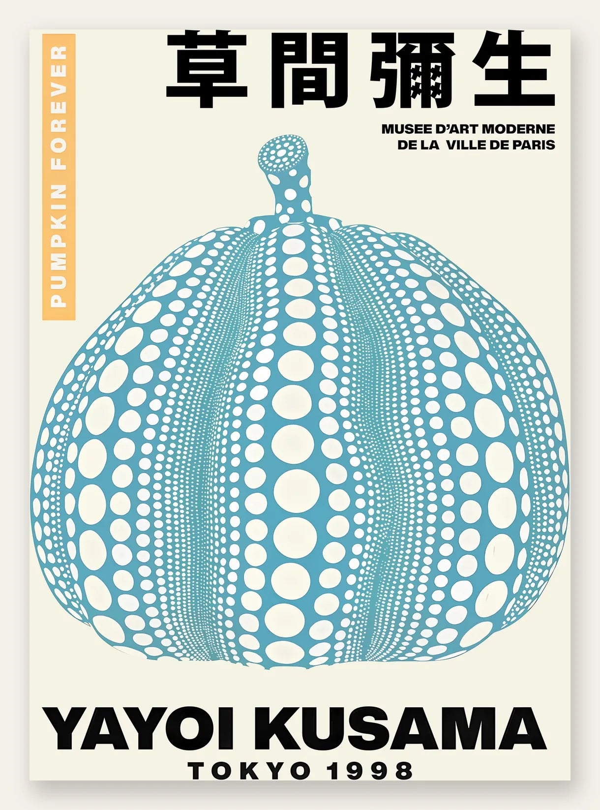 Affiche Kusama citrouille bleue a pois sur fond creme, art japonais