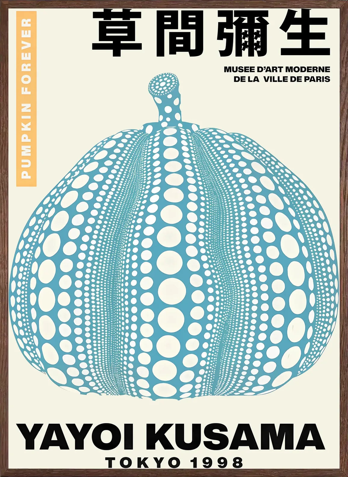 Cadre chene clair entourant l'affiche Kusama citrouille bleue
