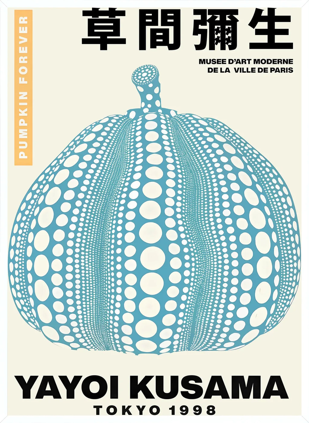 Cadre blanc epure presentant l'affiche Kusama citrouille bleue