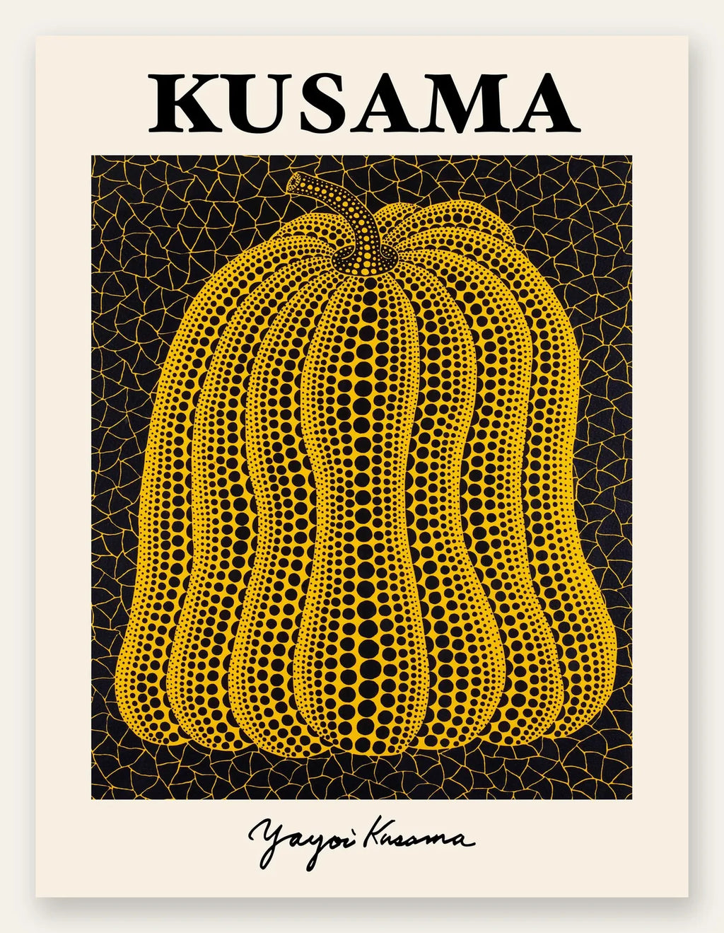 Affiche Kusama citrouille jaune a pois sur fond noir signe, art japonais