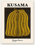 Affiche Kusama citrouille jaune a pois sur fond noir signe, art japonais