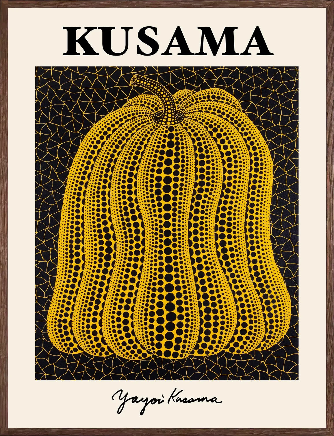 Cadre chene clair entourant l'affiche Kusama citrouille jaune