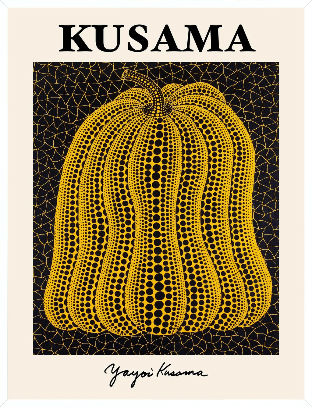 Cadre blanc epure presentant l'affiche Kusama citrouille jaune