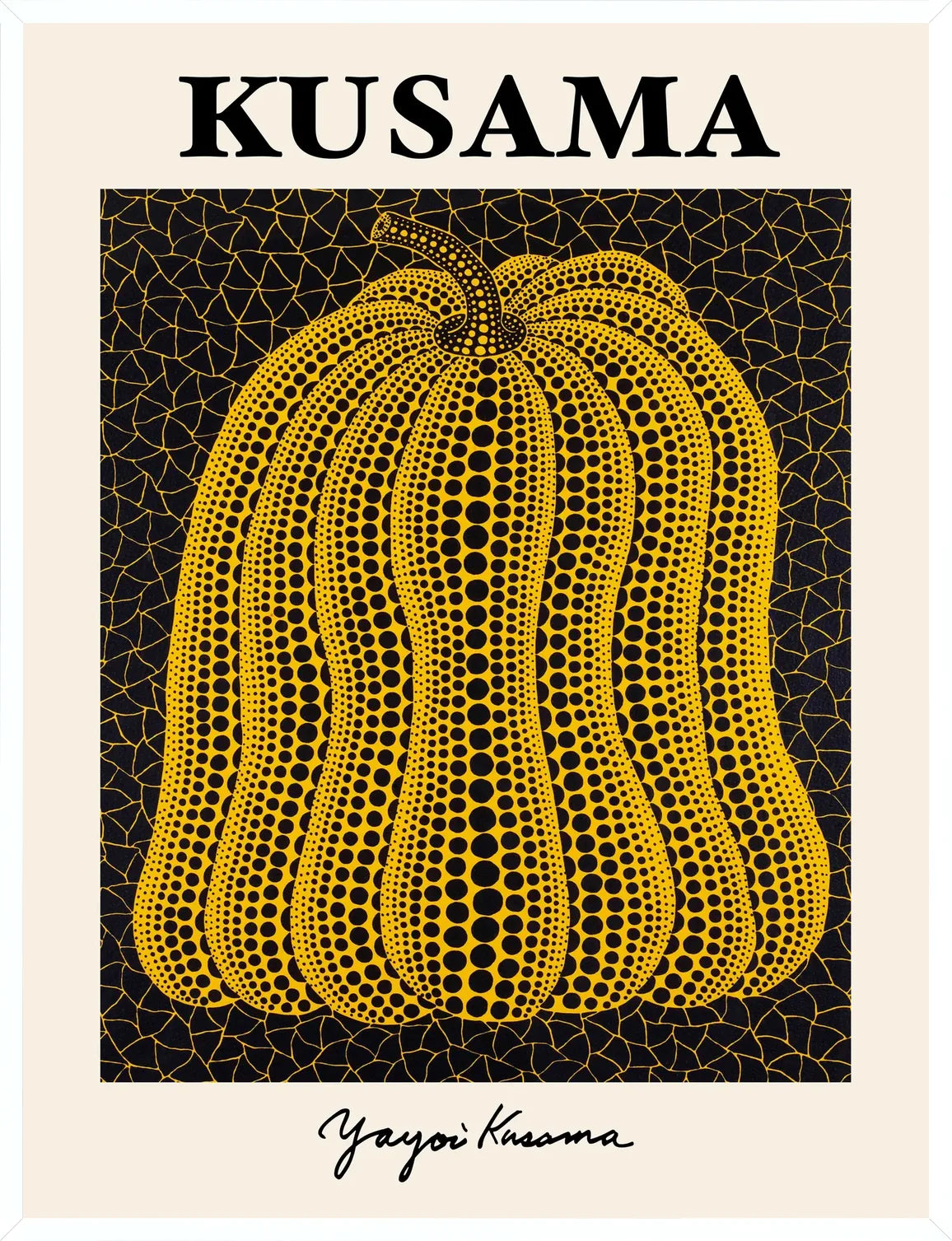 Cadre blanc epure presentant l'affiche Kusama citrouille jaune