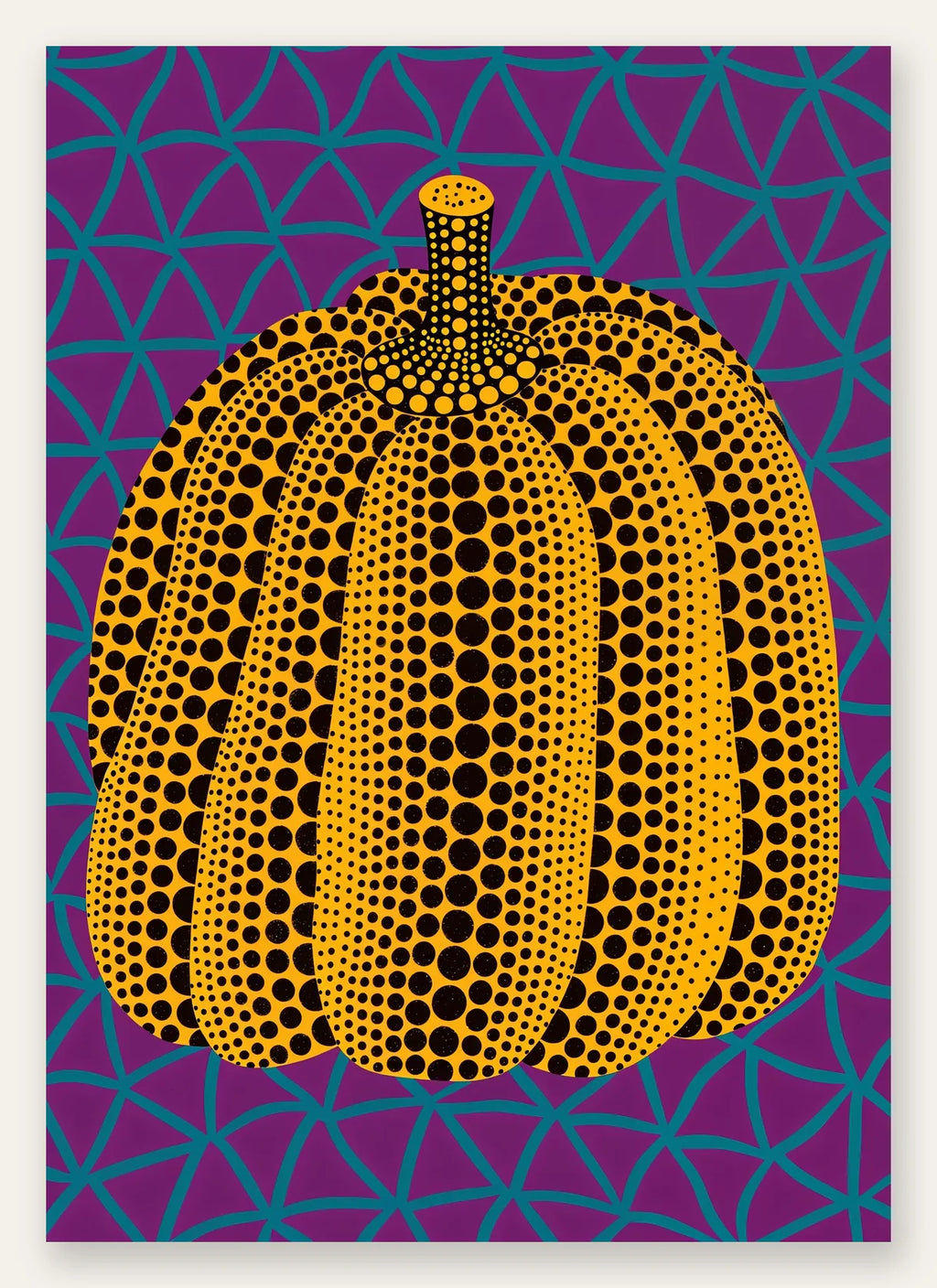 Affiche Kusama citrouille jaune a pois sur fond violet a filet bleu, art japonais