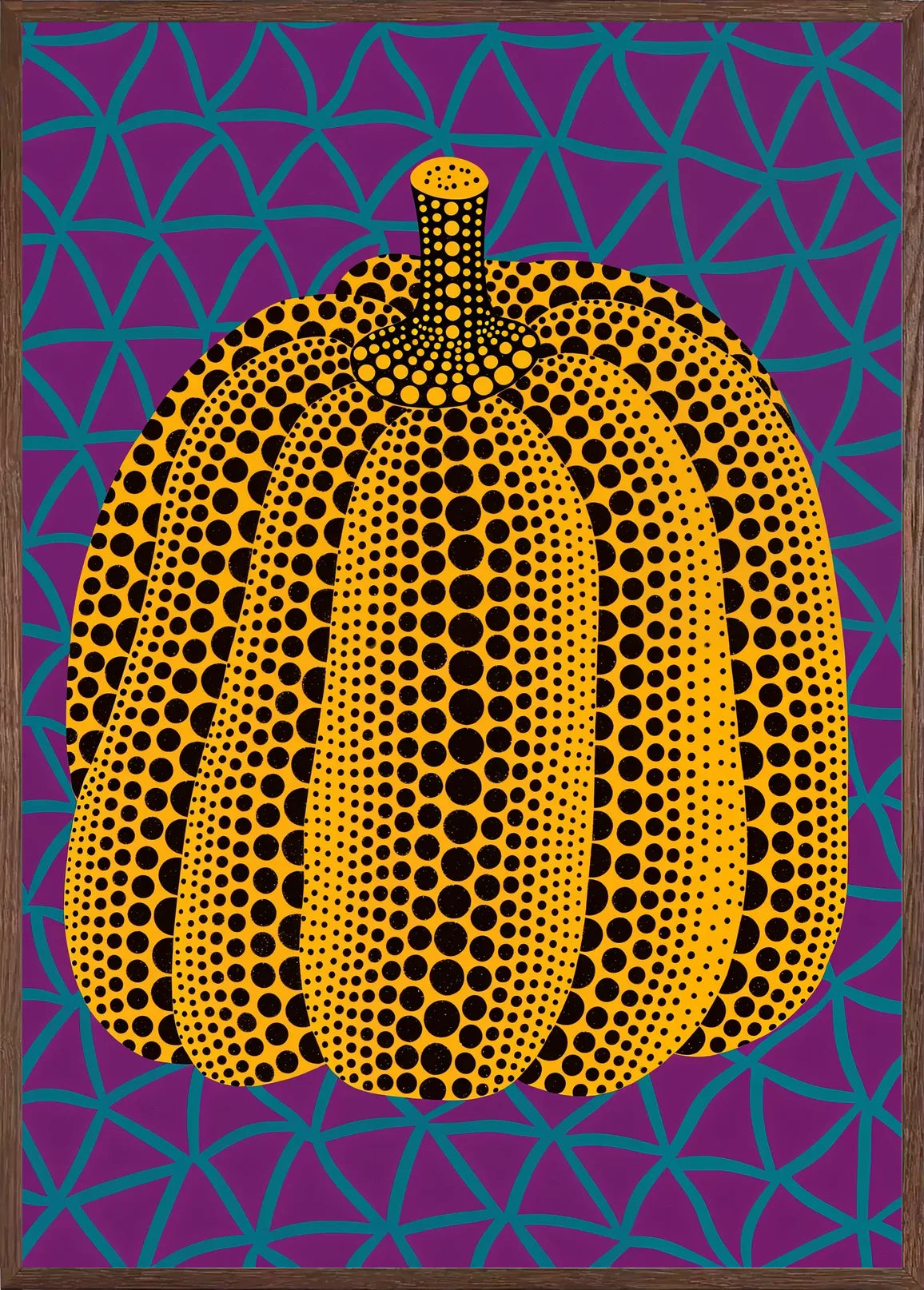 Cadre chene clair entourant l'affiche Kusama citrouille jaune