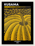 Affiche Kusama citrouille jaune a pois vue en contre-plongee sur fond noir, art japonais
