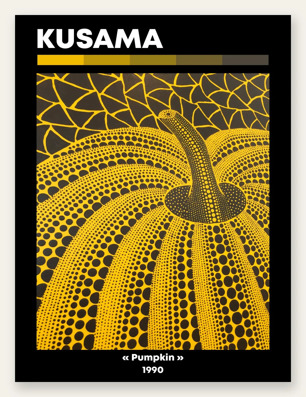 Affiche Kusama citrouille jaune a pois vue en contre-plongee sur fond noir, art japonais