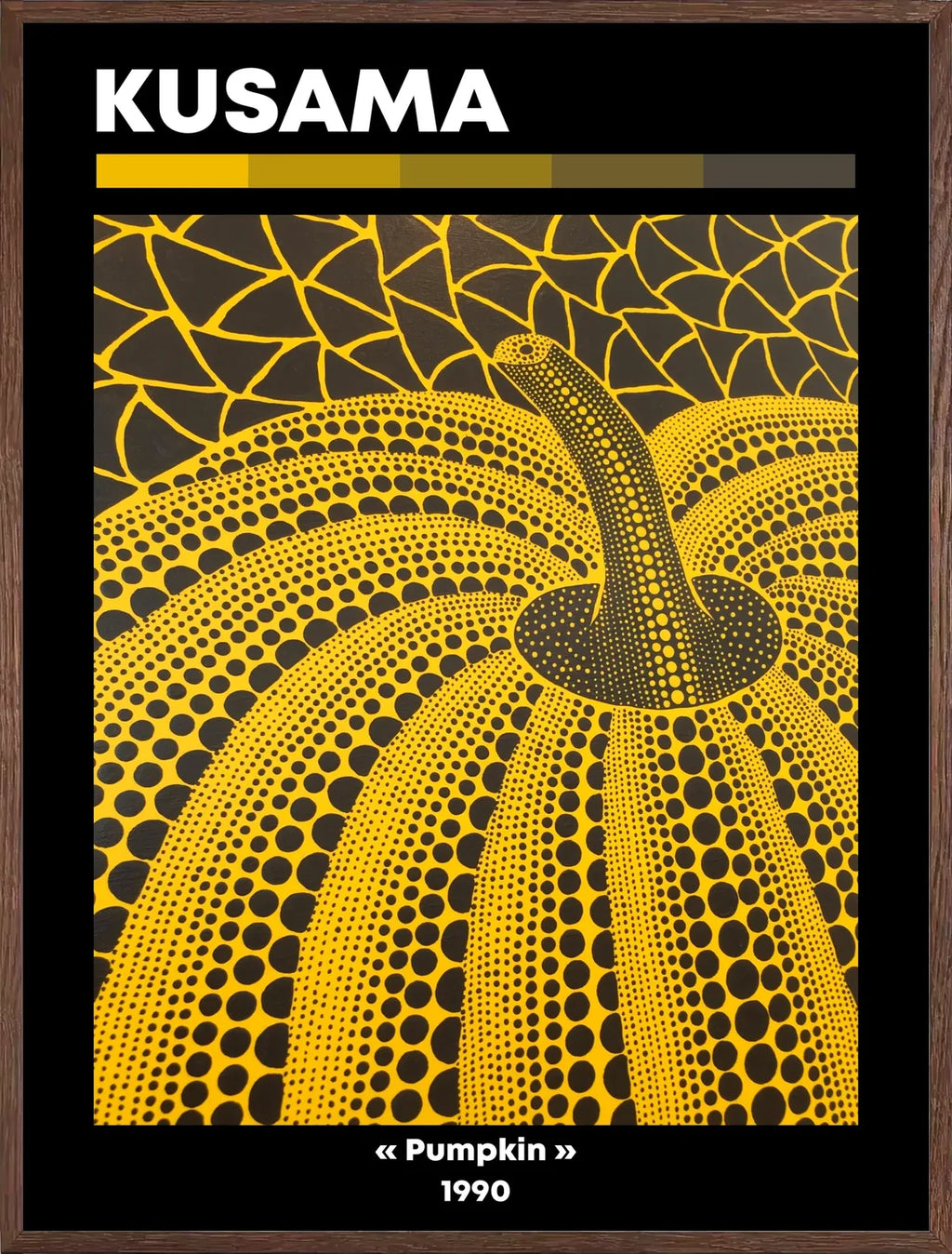 Cadre chene clair entourant l'affiche Kusama citrouille jaune