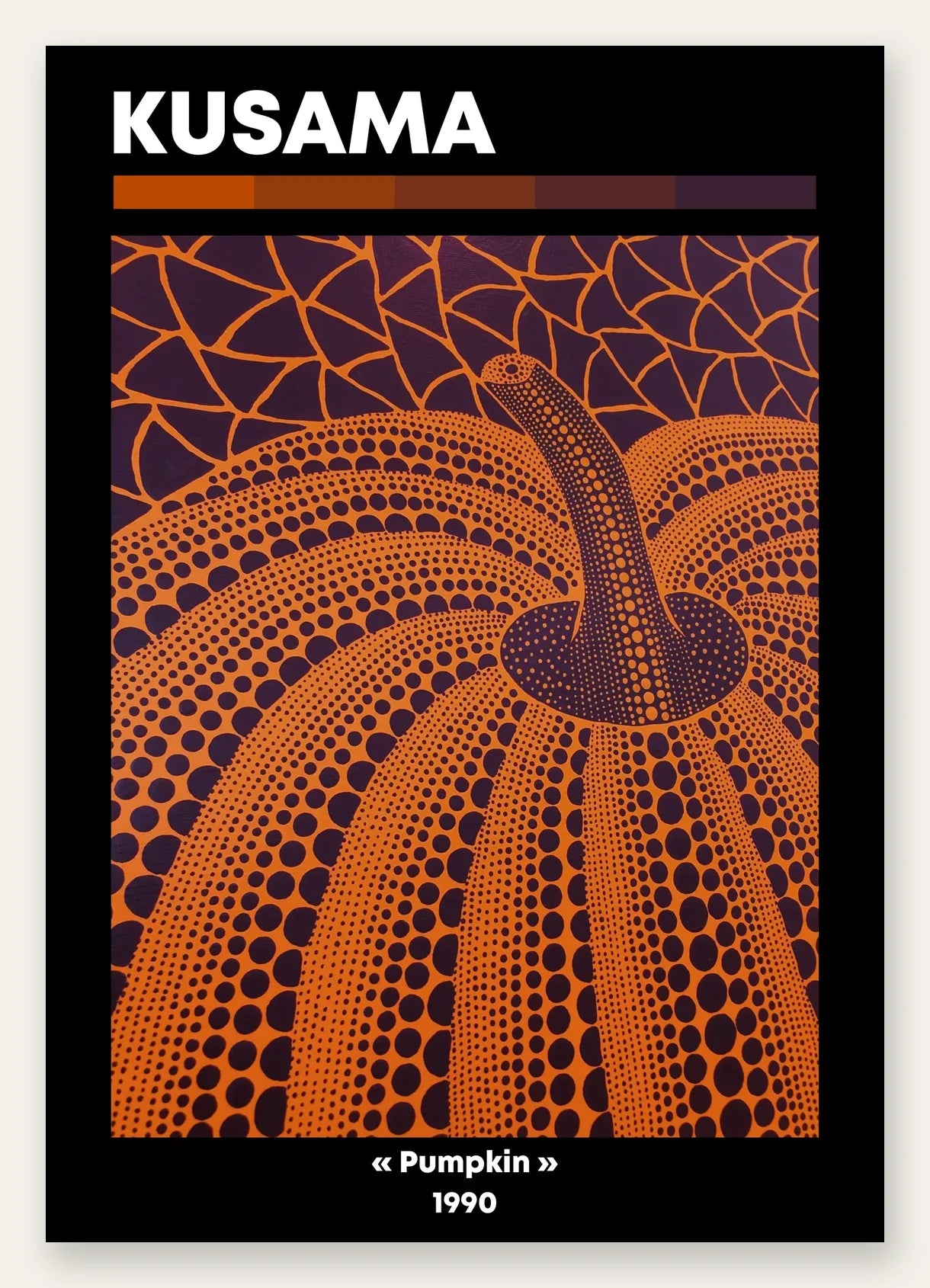 Affiche Kusama citrouille orange a pois vue en contre-plongee sur fond violet, art japonais