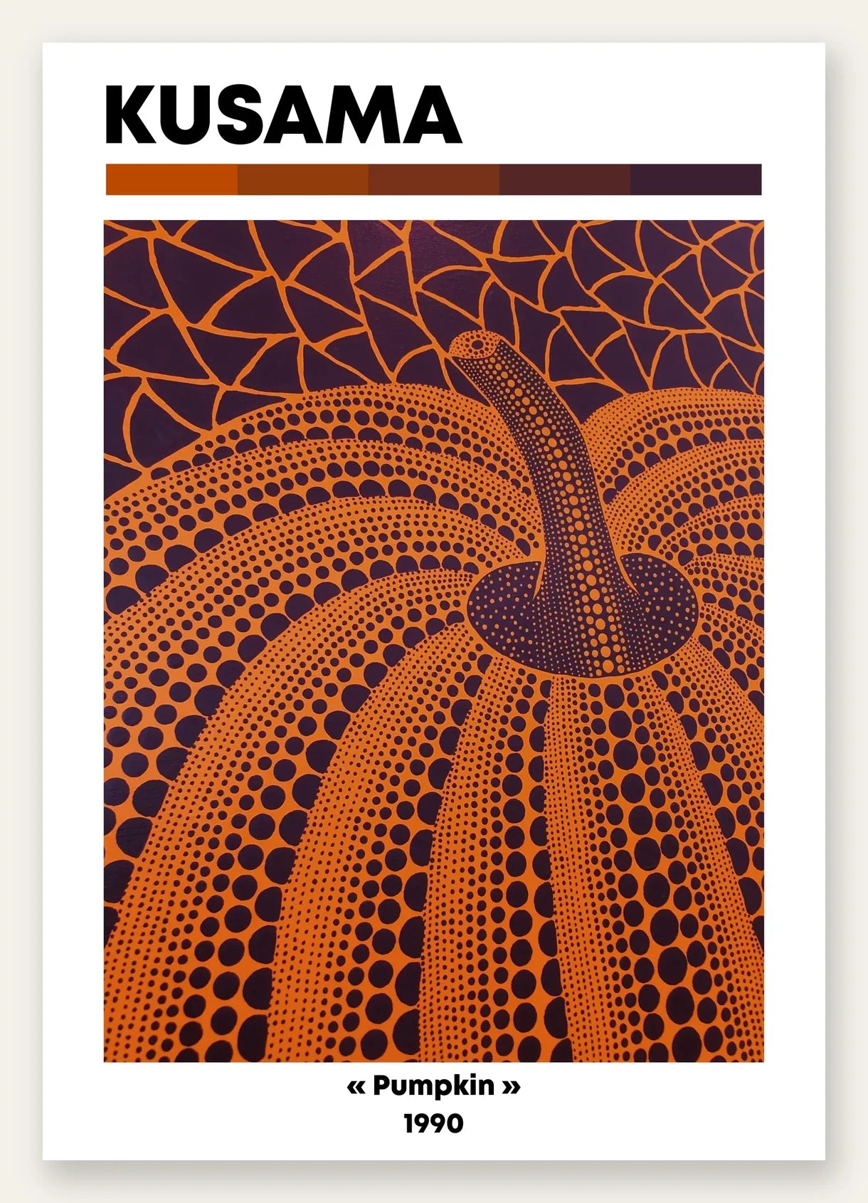 Affiche Kusama citrouille orange feu a pois sur fond aubergine, art japonais