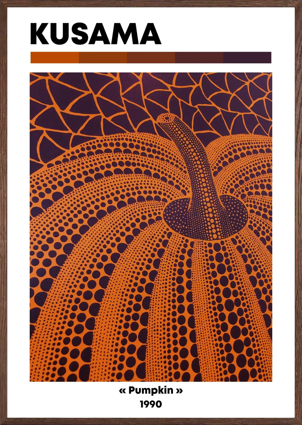 Cadre chene clair entourant l'affiche Kusama citrouille orange feu