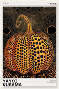 Affiche Kusama citrouille orange a pois sur fond noir, art japonais