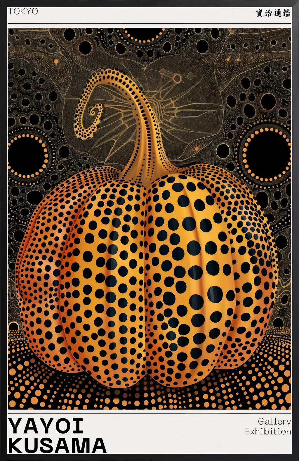 Encadrement noir mat autour de la citrouille a pois orange de Kusama