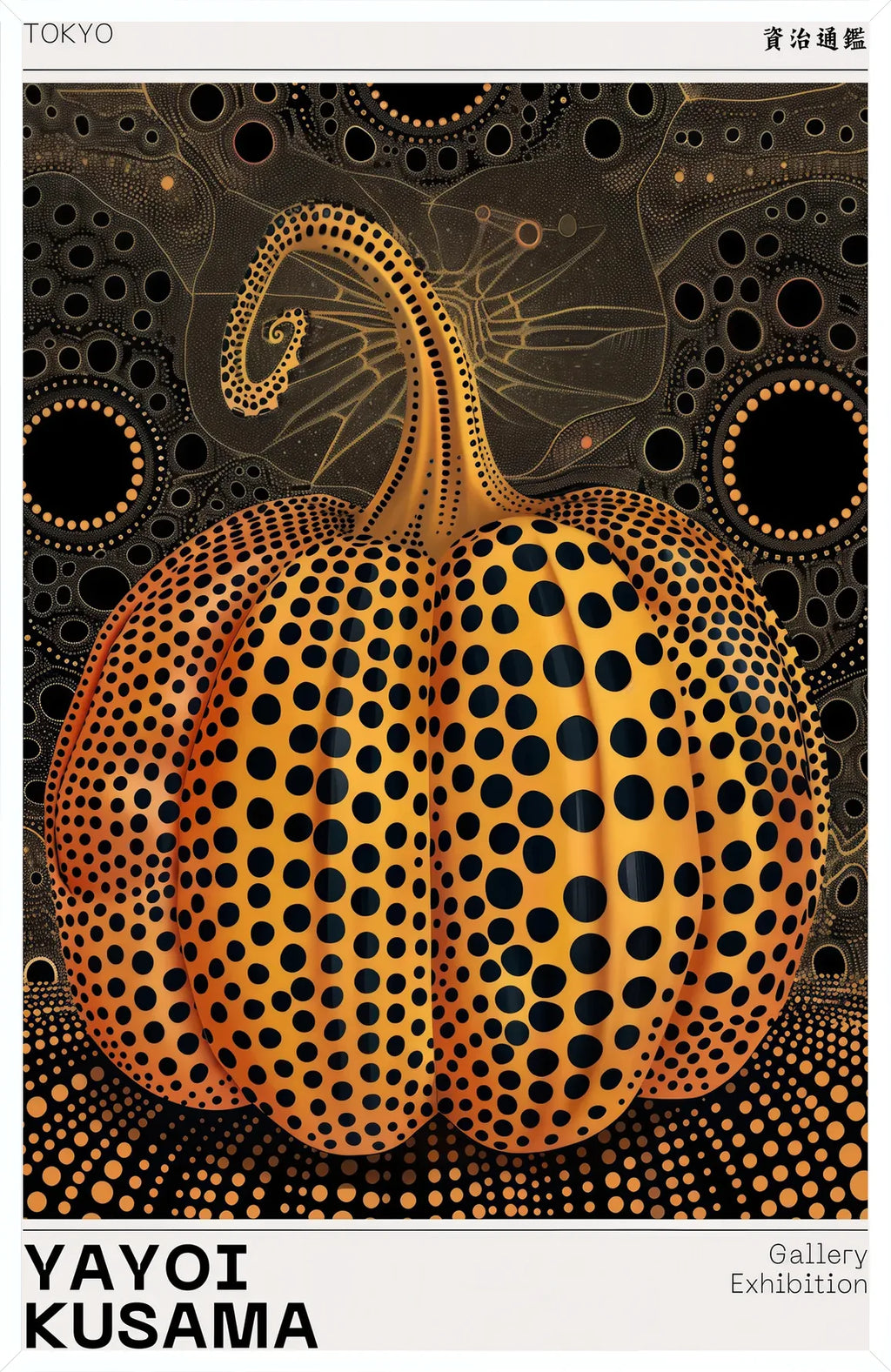 Cadre blanc epure presentant l'affiche Kusama citrouille orange