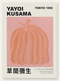 Affiche Kusama citrouille orange a pois sur fond rose, art japonais