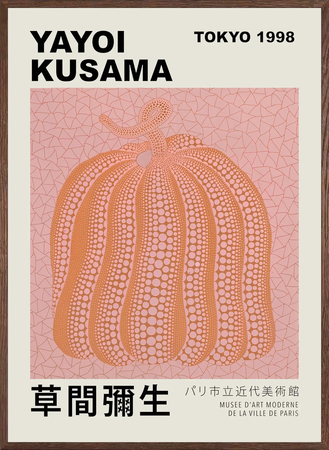 Cadre chene clair entourant l'affiche Kusama citrouille orange