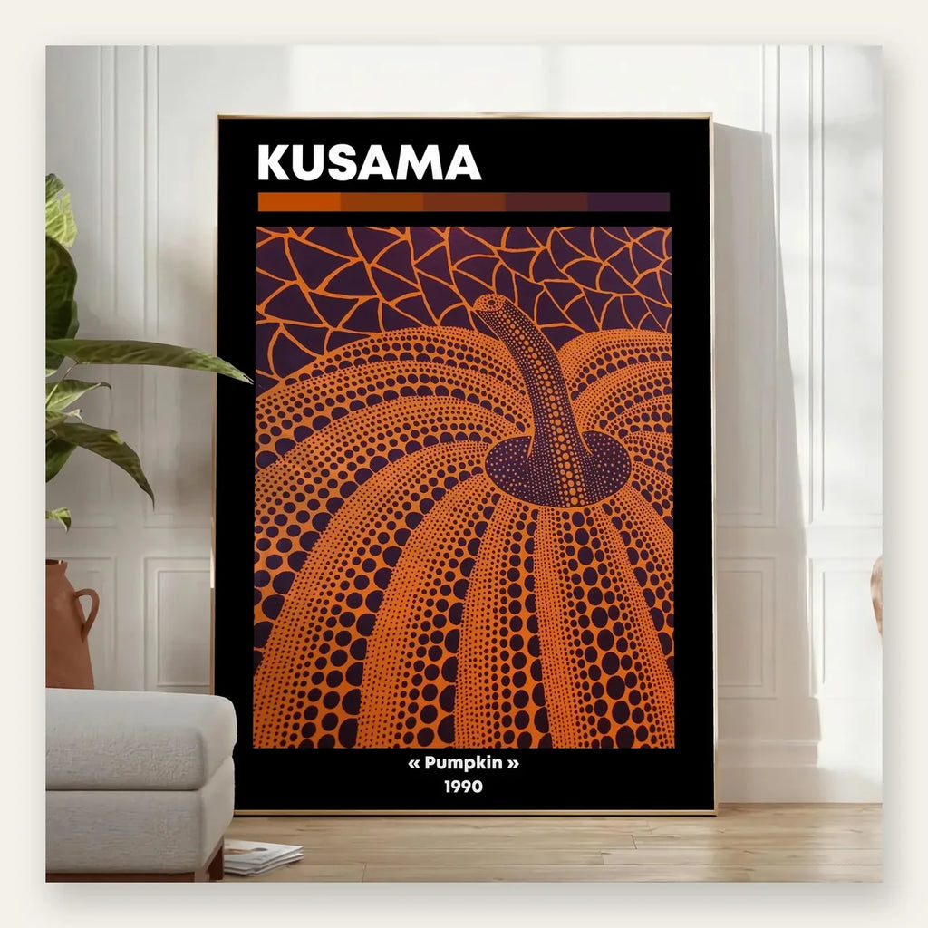 Affiche Kusama citrouille orange a pois sur fond violet, art japonais