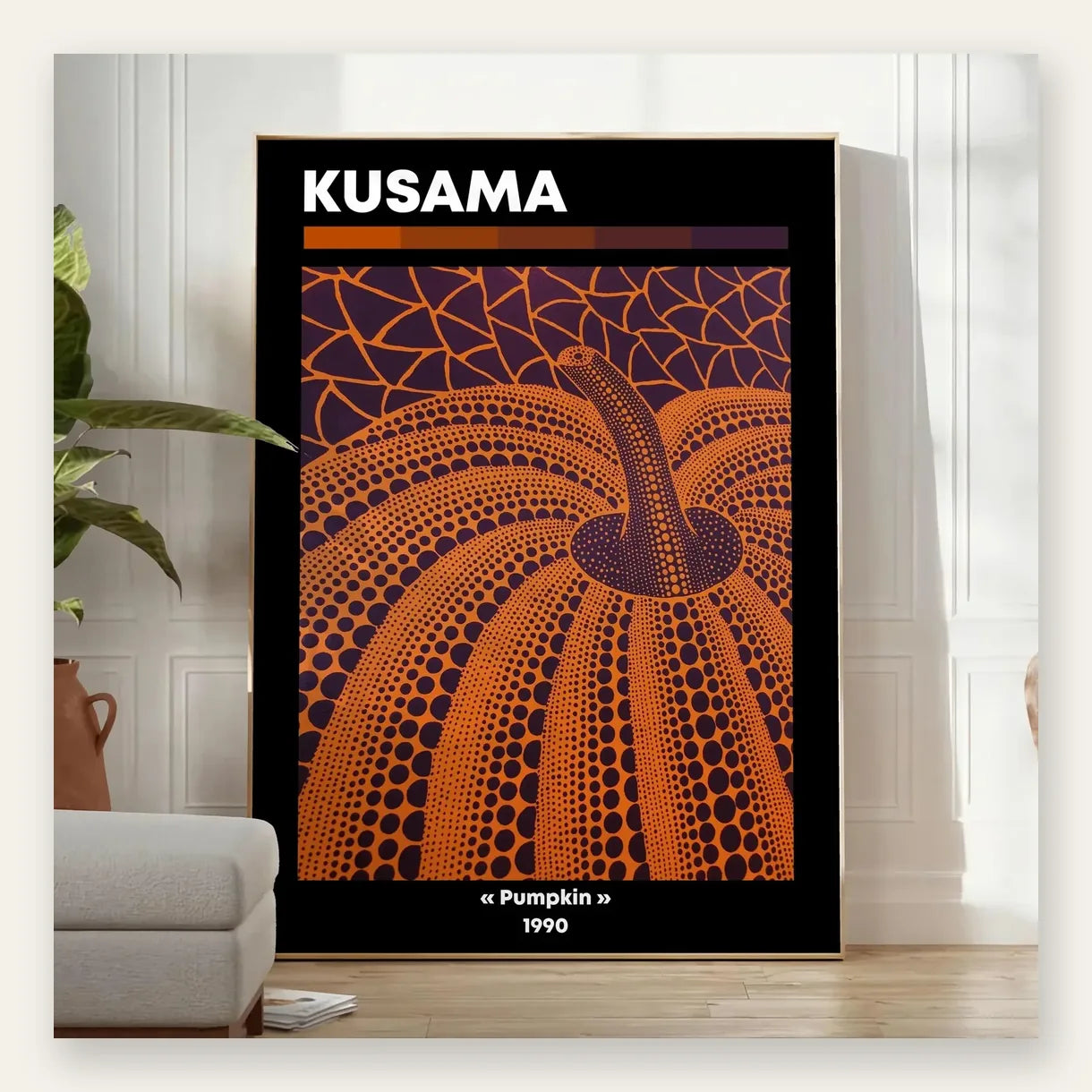 Affiche Kusama citrouille orange a pois sur fond violet, art japonais