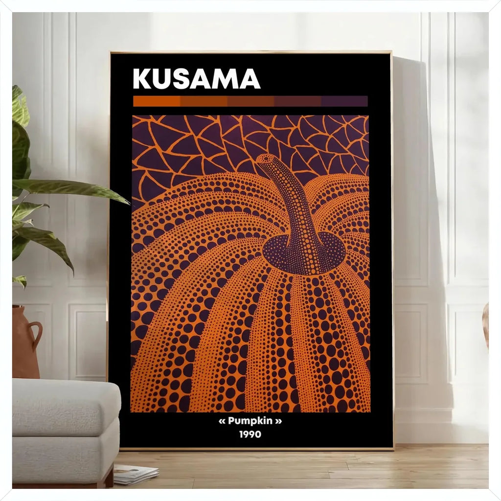 Cadre blanc epure presentant l'affiche Kusama citrouille orange