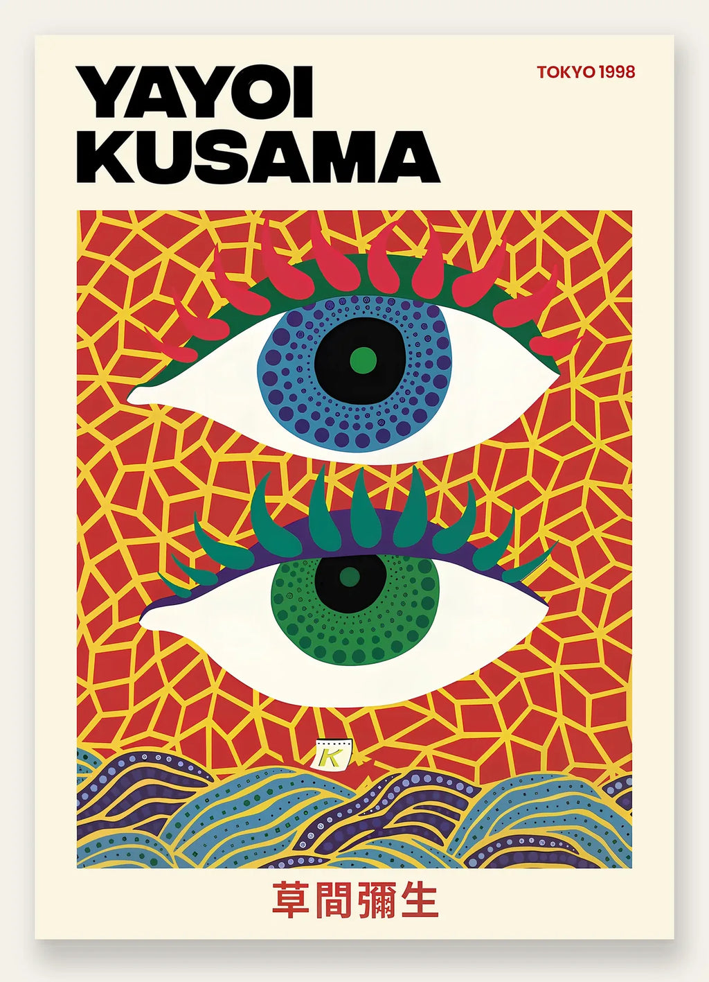 Affiche Yayoi Kusama Eyes Tokyo 1998, vue catalogue, fond crème