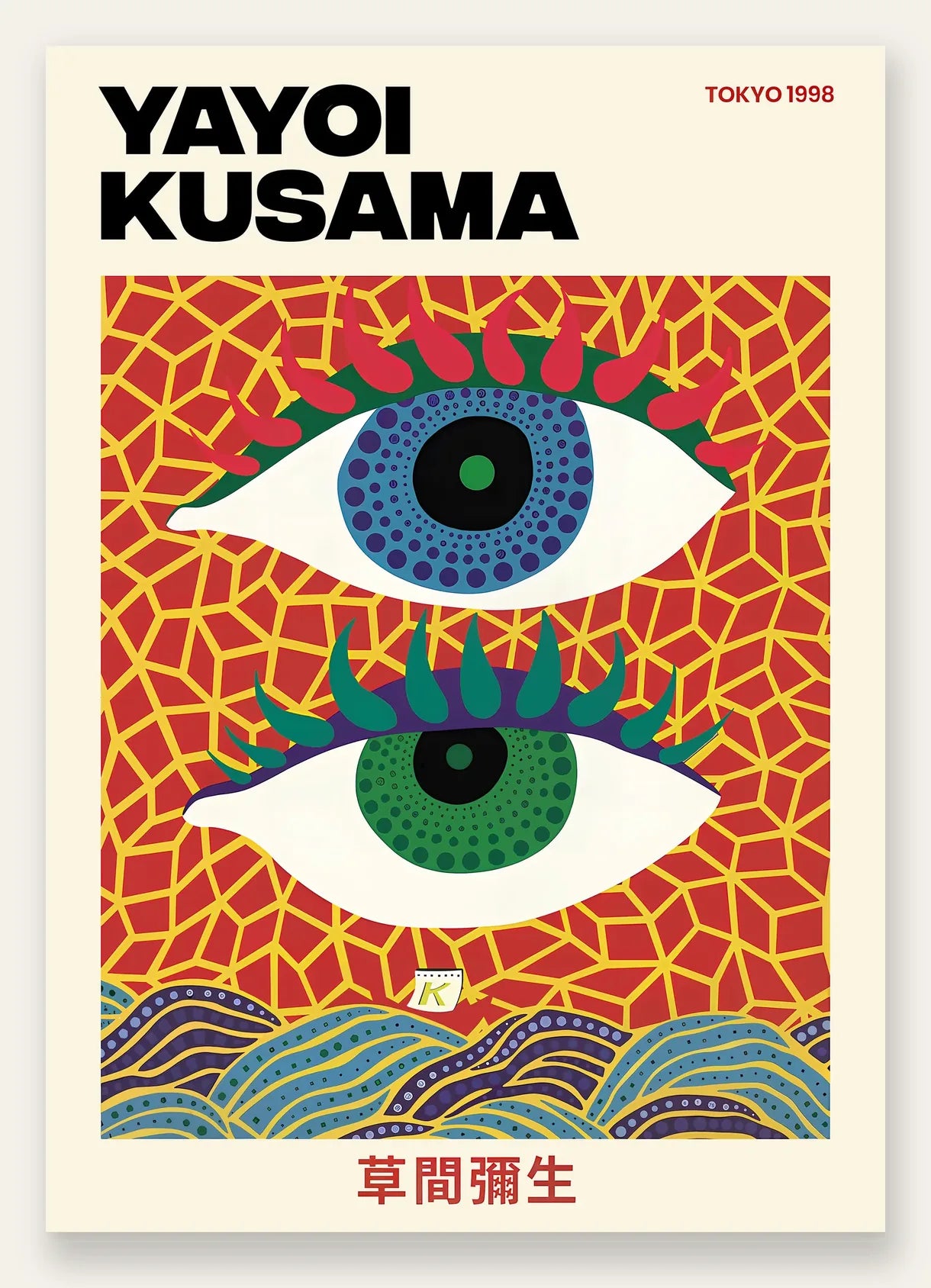 Affiche Yayoi Kusama Eyes Tokyo 1998, vue catalogue, fond crème