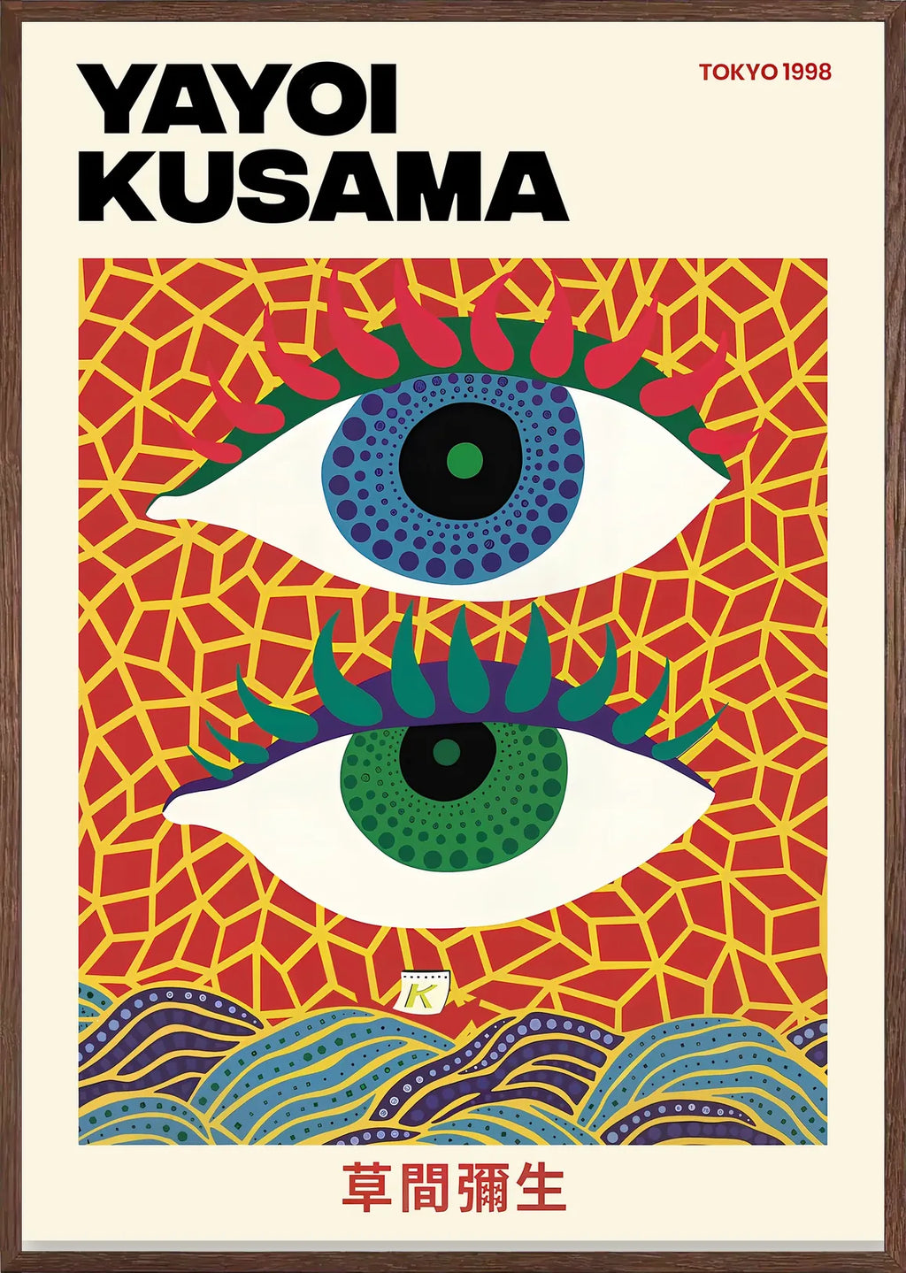 Affiche Yayoi Kusama Eyes encadrée chêne naturel