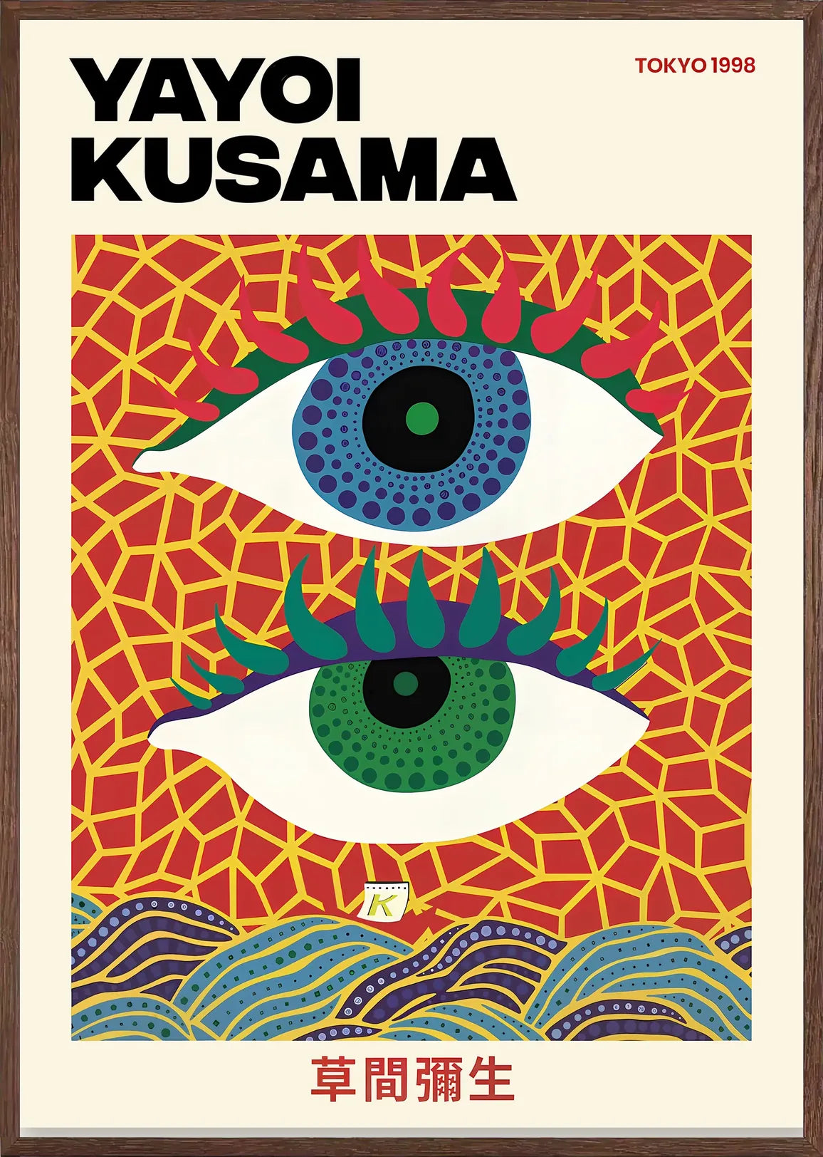 Affiche Yayoi Kusama Eyes encadrée chêne naturel