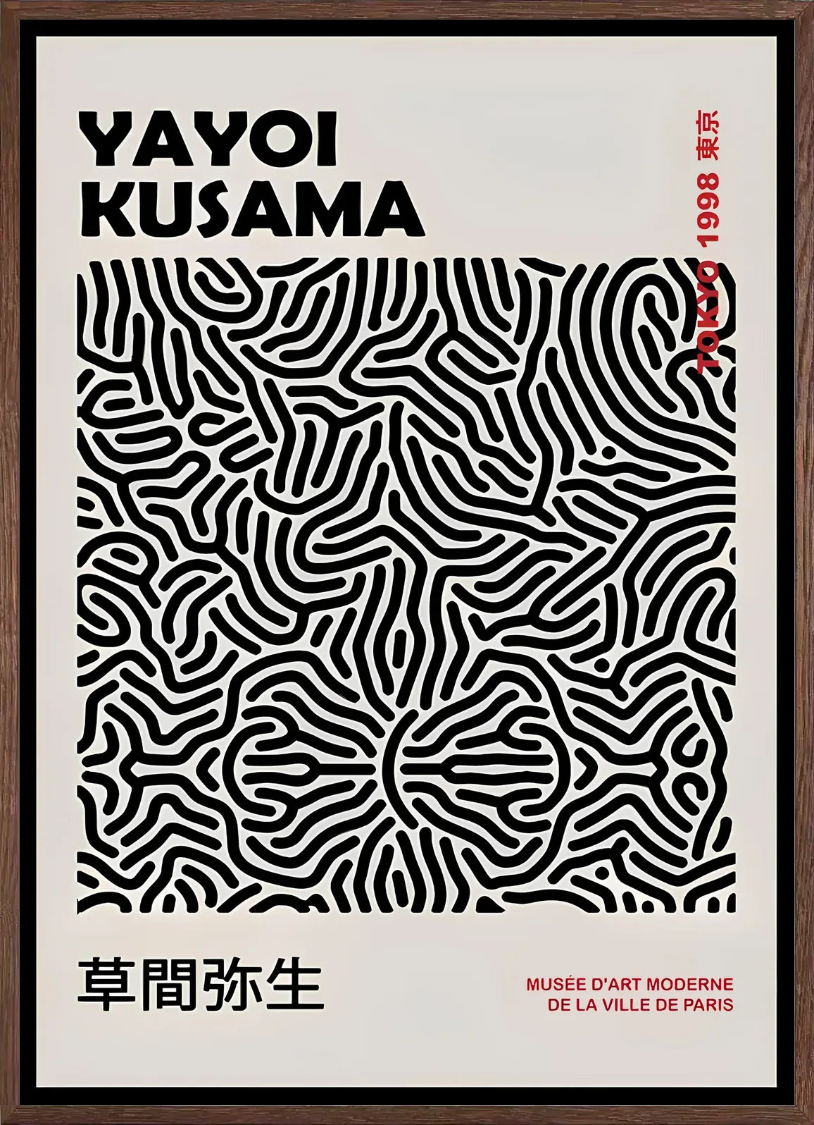 Cadre chene clair entourant l'affiche filet infini de Kusama