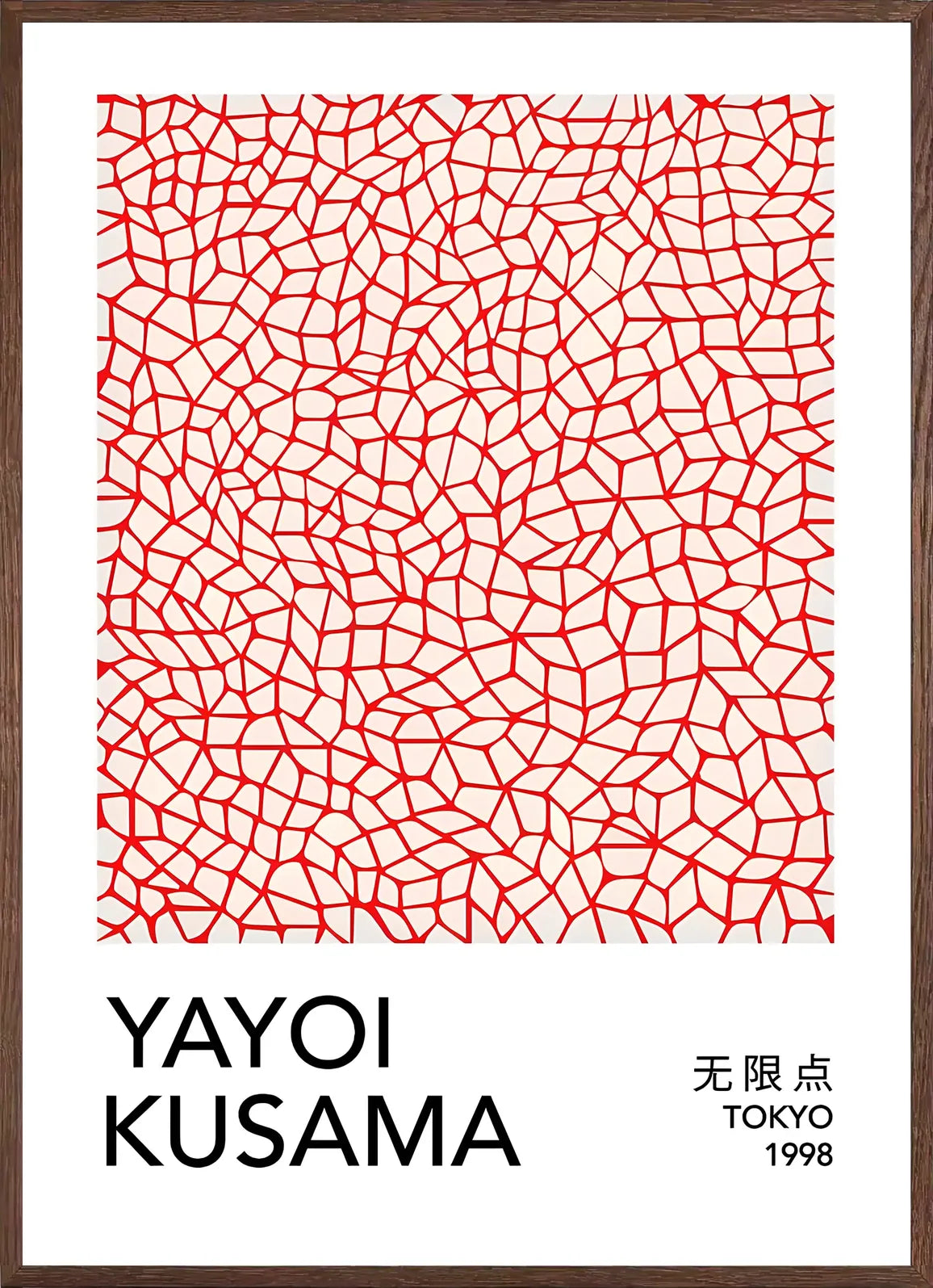 Cadre chene clair entourant l'affiche filet infini rouge de Kusama