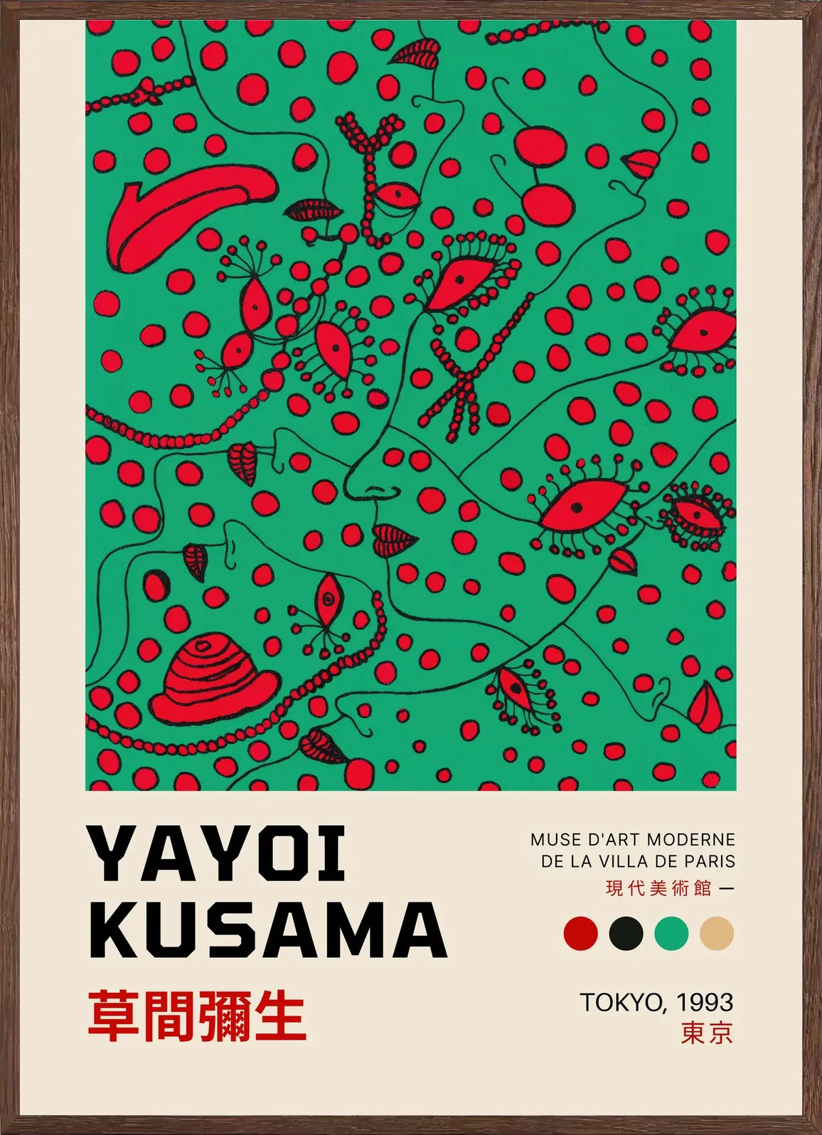 Cadre chene clair entourant l'affiche formes rouges de Kusama