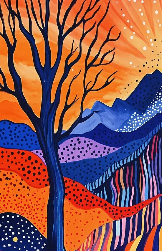 Gros plan sur arbre et soleil de Kusama