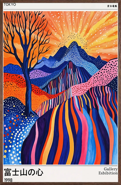 Cadre chene clair entourant l'affiche arbre et soleil de Kusama