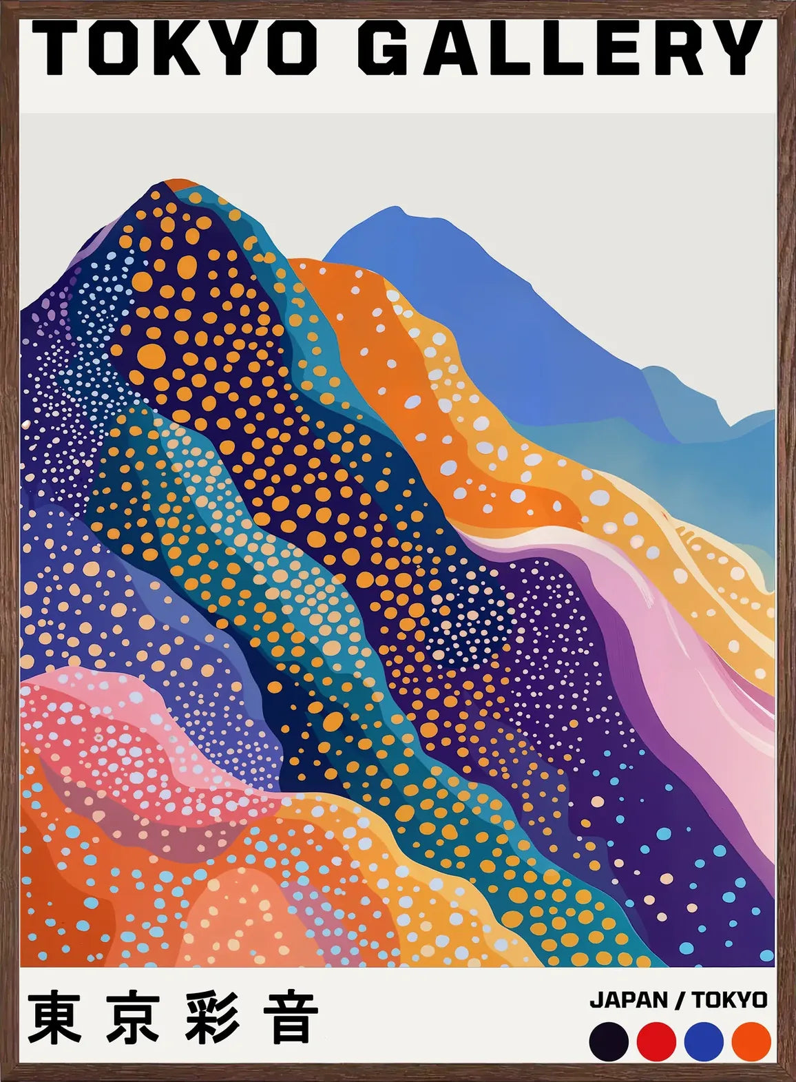 Cadre chene clair entourant l'affiche montagnes Fuji de Kusama