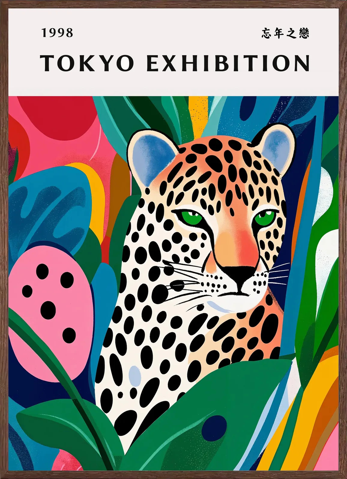 Cadre chene clair entourant l'affiche leopard tachete de Kusama