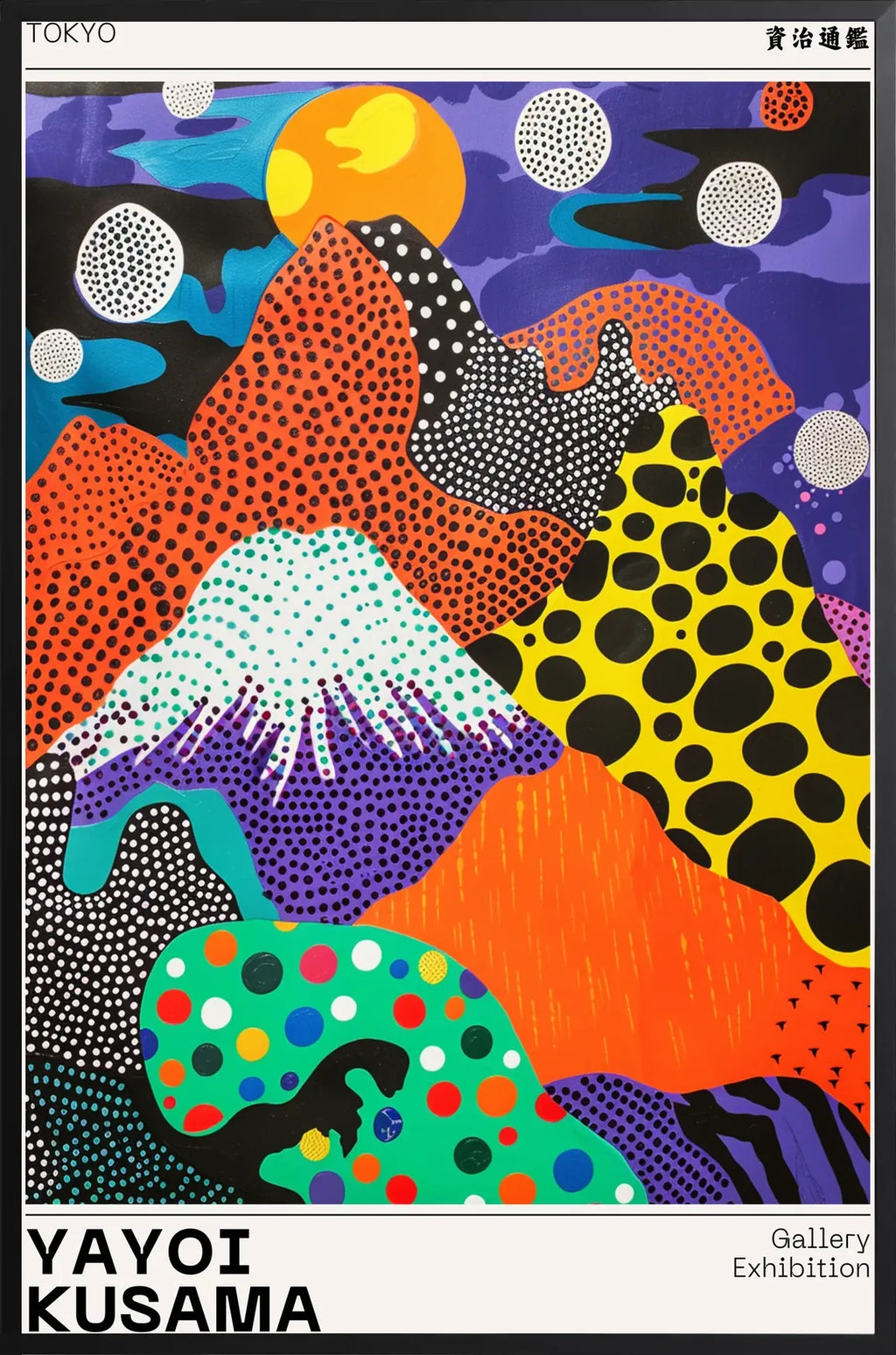 Encadrement noir mat autour de paysage a pois de Kusama