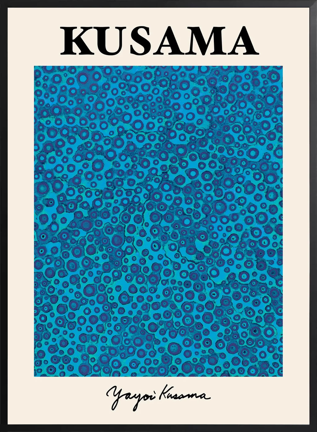 Encadrement noir mat autour de pois bleus de Kusama